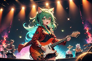 solo,closeup face,cat girl,cat tail,colorful aura,colorful green hair,animal head,red tie,blue jacket,colorful short skirt,orange shirt,colorful sneakers,wearing a colorful  watch,singing in front of microphone,play electric guitar,animals background,fireflies,shining point,concert,colorful stage lighting,no people