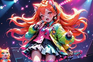 solo,closeup face,cat girl,colorful aura,pink long hair,animal head,red tie,colorful jacket,colorful short skirt,orange shirt,colorful sneakers,wearing a colorful watch,singing in front of microphone,play electric guitar,animals background,fireflies,shining point,concert,colorful stage lighting,no people