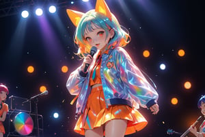 solo,closeup face,animal girl,colorful aura,colorful hair,animal head,red tie,colorful  jacket,colorful short skirt,orange shirt,colorful sneakers,wearing a colorful  watch,singing in front of microphone,play electric guitar,animals background,fireflies,shining point,concert,colorful stage lighting,no people