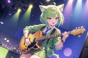solo,closeup face,cat girl,cat tail,colorful aura,green hair,short hair,colorful tie,green jacket,colorful short skirt,colorful shirt,colorful sneakers,wearing a colorful watch,singing in front of microphone,play electric guitar,animals background,fireflies,shining point,concert,colorful stage lighting,no people