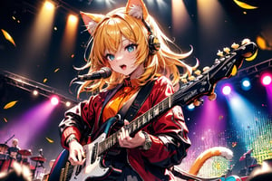solo,closeup face,cat girl,cat tail,colorful aura,golden hair,long hair,animal head,red tie,blue jacket,colorful short skirt,orange shirt,colorful sneakers,wearing a colorful  watch,singing in front of microphone,play electric guitar,animals background,fireflies,shining point,concert,colorful stage lighting,no people