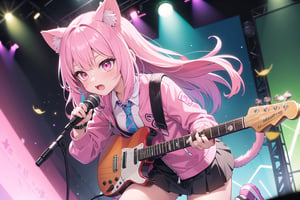 solo,closeup face,cat girl,cat tail,colorful aura,pink hair,long hair,double hair  tail,colorful tie,pink jacket,colorful short skirt,colorful shirt,colorful sneakers,wearing a colorful watch,singing in front of microphone,play electric guitar,animals background,fireflies,shining point,concert,colorful stage lighting,no people