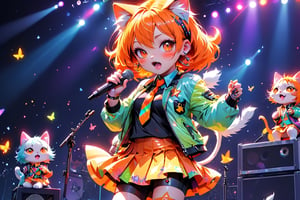 solo,closeup face,cat girl,colorful aura,orange colorful hair,animal head,red tie,colorful  jacket,colorful short skirt,orange shirt,colorful sneakers,wearing a colorful  watch,singing in front of microphone,play electric guitar,animals background,fireflies,shining point,concert,colorful stage lighting,no people