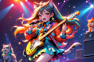 solo,closeup face,cat girl,colorful aura,colorful long hair,animal head,red tie,colorful  jacket,colorful short skirt,orange shirt,colorful sneakers,wearing a colorful  watch,singing in front of microphone,play electric guitar,animals background,fireflies,shining point,concert,colorful stage lighting,no people