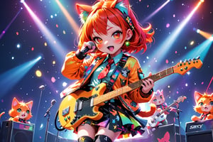 solo,closeup face,cat girl,colorful aura,red colorful hair,animal head,red tie,colorful  jacket,colorful short skirt,orange shirt,colorful sneakers,wearing a colorful  watch,singing in front of microphone,play electric guitar,animals background,fireflies,shining point,concert,colorful stage lighting,no people