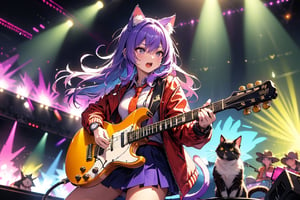solo,closeup face,cat girl,cat tail,colorful aura,colorful purple hair,long hair,animal head,red tie,blue jacket,colorful short skirt,orange shirt,colorful sneakers,wearing a colorful  watch,singing in front of microphone,play electric guitar,animals background,fireflies,shining point,concert,colorful stage lighting,no people