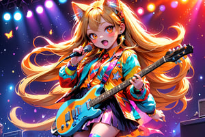 solo,closeup face,cat girl,colorful aura,golden colorful long hair,animal head,red tie,colorful  jacket,colorful short skirt,orange shirt,colorful sneakers,wearing a colorful  watch,singing in front of microphone,play electric guitar,animals background,fireflies,shining point,concert,colorful stage lighting,no people