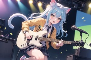 solo,closeup face,cat girl,cat tail,colorful aura,colorful hair,long hair,colorful tie,colorful jacket,colorful short skirt,colorful shirt,colorful sneakers,wearing a colorful watch,singing in front of microphone,play electric guitar,animals background,fireflies,shining point,concert,colorful stage lighting,no people