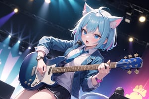 solo,closeup face,cat girl,cat tail,colorful aura,blue hair,short hair,colorful tie,blue  jacket,colorful short skirt,colorful shirt,colorful sneakers,wearing a colorful watch,singing in front of microphone,play electric guitar,animals background,fireflies,shining point,concert,colorful stage lighting,no people