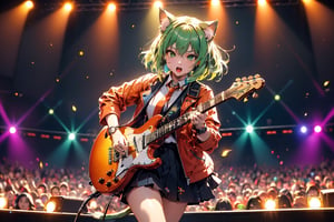 solo,closeup face,cat girl,cat tail,colorful aura,colorful green hair,animal head,red tie,blue jacket,colorful short skirt,orange shirt,colorful sneakers,wearing a colorful  watch,singing in front of microphone,play electric guitar,animals background,fireflies,shining point,concert,colorful stage lighting,no people