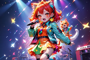 solo,closeup face,cat girl,colorful aura,red colorful hair,animal head,red tie,colorful  jacket,colorful short skirt,orange shirt,colorful sneakers,wearing a colorful  watch,singing in front of microphone,play electric guitar,animals background,fireflies,shining point,concert,colorful stage lighting,no people