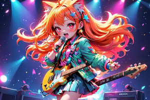 solo,closeup face,cat girl,colorful aura,colorful pink long hair,animal head,red tie,colorful jacket,colorful short skirt,orange shirt,colorful sneakers,wearing a colorful watch,singing in front of microphone,play electric guitar,animals background,fireflies,shining point,concert,colorful stage lighting,no people