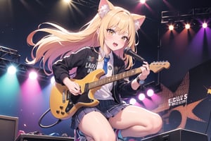 solo,closeup face,cat girl,cat tail,colorful aura,golden hair,long hair,colorful tie,colorful jacket,colorful short skirt,colorful shirt,colorful sneakers,wearing a colorful watch,singing in front of microphone,play electric guitar,animals background,fireflies,shining point,concert,colorful stage lighting,no people