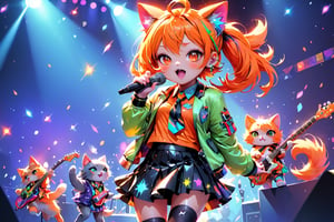 solo,closeup face,cat girl,colorful aura,orange colorful hair,animal head,red tie,colorful  jacket,colorful short skirt,orange shirt,colorful sneakers,wearing a colorful  watch,singing in front of microphone,play electric guitar,animals background,fireflies,shining point,concert,colorful stage lighting,no people