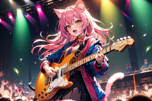 solo,closeup face,cat girl,cat tail,colorful aura,colorful pink hair,long hair,animal head,red tie,blue jacket,colorful short skirt,orange shirt,colorful sneakers,wearing a colorful  watch,singing in front of microphone,play electric guitar,animals background,fireflies,shining point,concert,colorful stage lighting,no people