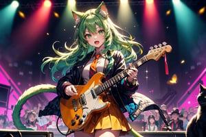 solo,closeup face,cat girl,cat tail,colorful aura,colorful green hair,long hair,animal head,red tie,blue jacket,colorful short skirt,orange shirt,colorful sneakers,wearing a colorful  watch,singing in front of microphone,play electric guitar,animals background,fireflies,shining point,concert,colorful stage lighting,no people