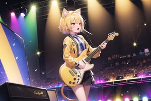 solo,closeup face,cat girl,cat tail,colorful aura,golden hair,short hair,colorful tie,golden jacket,colorful short skirt,colorful shirt,colorful sneakers,wearing a colorful watch,singing in front of microphone,play electric guitar,animals background,fireflies,shining point,concert,colorful stage lighting,no people