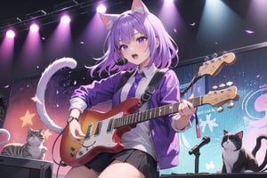 solo,closeup face,cat girl,cat tail,colorful aura,purple hair,colorful tie,purple jacket,colorful short skirt,colorful shirt,colorful sneakers,wearing a colorful watch,singing in front of microphone,play electric guitar,animals background,fireflies,shining point,concert,colorful stage lighting,no people