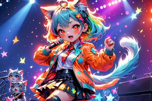 solo,closeup face,cat girl,colorful aura,colorful hair,animal head,red tie,colorful  jacket,colorful short skirt,orange shirt,colorful sneakers,wearing a colorful  watch,singing in front of microphone,play electric guitar,animals background,fireflies,shining point,concert,colorful stage lighting,no people