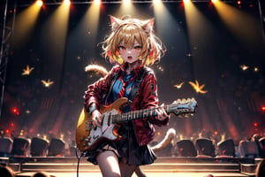 solo,closeup face,cat girl,cat tail,colorful aura,golden hair,animal head,red tie,blue jacket,colorful short skirt,orange shirt,colorful sneakers,wearing a colorful  watch,singing in front of microphone,play electric guitar,animals background,fireflies,shining point,concert,colorful stage lighting,no people