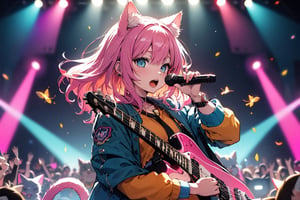 solo,closeup face,cat girl,cat tail,colorful aura,pink hair,long hair,animal head,red tie,blue jacket,colorful short skirt,orange shirt,colorful sneakers,wearing a colorful  watch,singing in front of microphone,play electric guitar,animals background,fireflies,shining point,concert,colorful stage lighting,no people