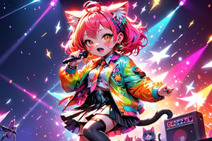 solo,closeup face,cat girl,colorful aura,pink hair,animal head,red tie,colorful jacket,colorful short skirt,orange shirt,colorful sneakers,wearing a colorful watch,singing in front of microphone,play electric guitar,animals background,fireflies,shining point,concert,colorful stage lighting,no people