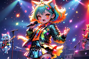 solo,closeup face,cat girl,colorful aura,colorful hair,animal head,red tie,colorful  jacket,colorful short skirt,orange shirt,colorful sneakers,wearing a colorful  watch,singing in front of microphone,play electric guitar,animals background,fireflies,shining point,concert,colorful stage lighting,no people