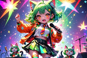 solo,closeup face,cat girl,colorful aura,green colorful hair,animal head,red tie,colorful  jacket,colorful short skirt,orange shirt,colorful sneakers,wearing a colorful  watch,singing in front of microphone,play electric guitar,animals background,fireflies,shining point,concert,colorful stage lighting,no people