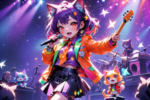 solo,closeup face,cat girl,colorful aura,purple colorful hair,animal head,red tie,colorful  jacket,colorful short skirt,orange shirt,colorful sneakers,wearing a colorful  watch,singing in front of microphone,play electric guitar,animals background,fireflies,shining point,concert,colorful stage lighting,no people