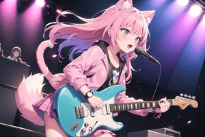 solo,closeup face,cat girl,cat tail,colorful aura,pink hair,long hair,double tail,colorful tie,pink jacket,colorful short skirt,colorful shirt,colorful sneakers,wearing a colorful watch,singing in front of microphone,play electric guitar,animals background,fireflies,shining point,concert,colorful stage lighting,no people