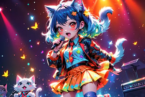 solo,closeup face,cat girl,colorful aura,blue colorful hair,animal head,red tie,colorful  jacket,colorful short skirt,orange shirt,colorful sneakers,wearing a colorful  watch,singing in front of microphone,play electric guitar,animals background,fireflies,shining point,concert,colorful stage lighting,no people