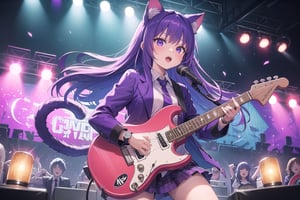 solo,closeup face,cat girl,cat tail,colorful aura,purple hair,long hair,colorful tie,purple jacket,colorful short skirt,colorful shirt,colorful sneakers,wearing a colorful watch,singing in front of microphone,play electric guitar,animals background,fireflies,shining point,concert,colorful stage lighting,no people