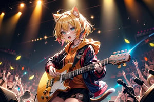 solo,closeup face,cat girl,cat tail,colorful aura,golden hair,animal head,red tie,blue jacket,colorful short skirt,orange shirt,colorful sneakers,wearing a colorful  watch,singing in front of microphone,play electric guitar,animals background,fireflies,shining point,concert,colorful stage lighting,no people