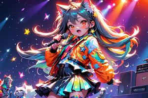 solo,closeup face,cat girl,colorful aura,colorful long hair,animal head,red tie,colorful  jacket,colorful short skirt,orange shirt,colorful sneakers,wearing a colorful  watch,singing in front of microphone,play electric guitar,animals background,fireflies,shining point,concert,colorful stage lighting,no people