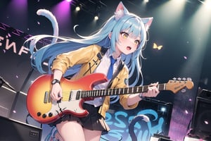 solo,closeup face,cat girl,cat tail,colorful aura,colorful hair,long hair,double hair  tail,colorful tie,colorful jacket,colorful short skirt,colorful shirt,colorful sneakers,wearing a colorful watch,singing in front of microphone,play electric guitar,animals background,fireflies,shining point,concert,colorful stage lighting,no people
