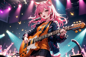 solo,closeup face,cat girl,cat tail,colorful aura,colorful pink hair,long hair,animal head,red tie,blue jacket,colorful short skirt,orange shirt,colorful sneakers,wearing a colorful  watch,singing in front of microphone,play electric guitar,animals background,fireflies,shining point,concert,colorful stage lighting,no people