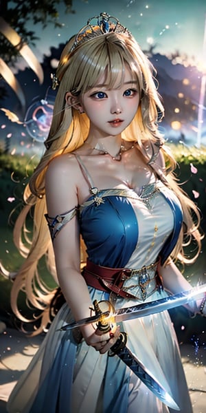 cute korean large-eyed girl, slender face, bangs, spread legs,  light blonde long hair, princess, tiara, (Fantasy:1.4), (Giant sword:1.4), (useing light Magic:1.3), (style-swirlmagic:0.7), (Magic Circle:1.3), Lightning effects, strong wind, and dancing petals, bokeh, depth of field, 
masterpiece, best Quality, Tyndall effect, good composition, highly details, warm soft light, three-dimensional lighting, volume lighting, Film lighting, cinematic lighting, 
