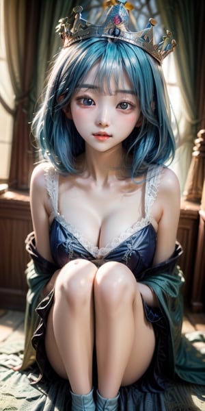 a cute korean large-eyed girl, 
girl with pale blue hair with crown, alphonse mucha,  fullbody, 
masterpiece, best Quality, Tyndall effect, good composition, highly details, warm soft light, three-dimensional lighting, volume lighting, Film light,