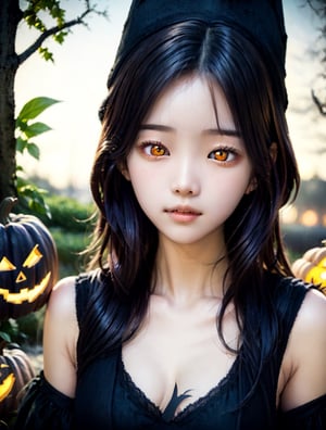 a cute korean large-eyed girl, bangs, long wavy hair, manga style, 
Spooky black hedgehog with orange eyes wearing a witches hat, carved pumpkin, dark background, bright yellow eyes, realistic, spooky, smoky, Halloween themed, 
octane rendering, ray tracing, 3d rendering, masterpiece, best Quality, Tyndall effect, good composition, highly details, 
