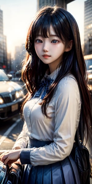 a cute korean girl large-eyed girl, bangs, long wavy hair, 
school uniform, city street, car, building, 
octane rendering, ray tracing, 3d rendering, masterpiece, best Quality, Tyndall effect, good composition, highly details, warm soft light, three-dimensional lighting, volume lighting, Film light,