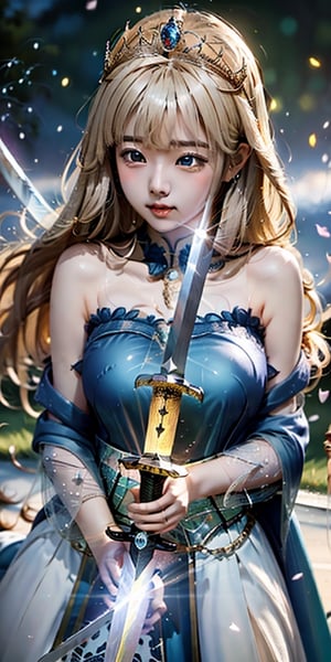 cute korean large-eyed girl, slender face, bangs, spread legs,  light blonde long hair, princess, tiara, (Fantasy:1.4), (Giant sword:1.4), (useing light Magic:1.3), (style-swirlmagic:0.7), (Magic Circle:1.3), Lightning effects, strong wind, and dancing petals, bokeh, depth of field, 
masterpiece, best Quality, Tyndall effect, good composition, highly details, warm soft light, three-dimensional lighting, volume lighting, Film lighting, cinematic lighting, 