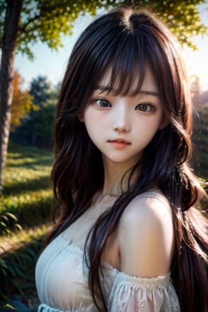 a cute korean large-eyed girl, slender and small face, slight smile, bangs, long wavy hair, 
The sun, the autumn forest, fantastic beauty. riding a red horse. Curls. Ultra-detailed medieval clothing, 
octane rendering, ray tracing, 3d rendering, masterpiece, 