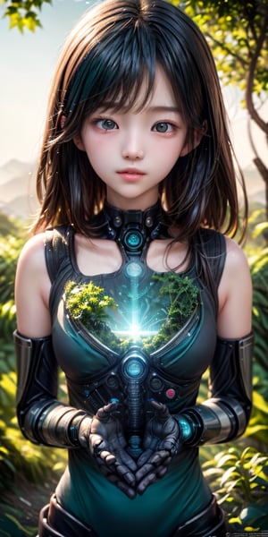 a cute korean large-eyed girl, 
Abstract digital mindscape, semi-realistic yet slightly surreal style, central abstract human figure comprised of circuitry with internal clouds, brain shapes, robotic hands, digital waves, glowing screens intermingling with organic elements such as plants, clouds, sunrays, color palette blending technological blues and teals with warm organic greens and yellows, 
octane rendering, ray tracing, 3d rendering, masterpiece, best Quality, Tyndall effect, good composition, highly details, warm soft light, three-dimensional lighting, volume lighting, Film light,