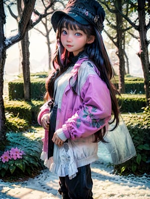 a cute korean large-eyed girl, bangs, long wavy hair, manga style, 
Full body of a realistic sweetness baby girl in winter, with two braids in her long black blonde hair, She is playing in an enchanted winter magic garden. pink colors, pink coat and hat, 
octane rendering, ray tracing, 3d rendering, masterpiece, best Quality, Tyndall effect, good composition, highly details,