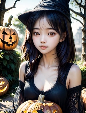 a cute korean large-eyed girl, bangs, long wavy hair, manga style, 
Spooky black hedgehog with orange eyes wearing a witches hat, carved pumpkin, dark background, bright yellow eyes, realistic, spooky, smoky, Halloween themed, sitting, 
octane rendering, ray tracing, 3d rendering, masterpiece, best Quality, Tyndall effect, good composition, highly details, 