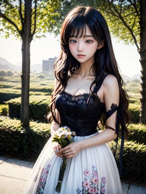 a cute korean large-eyed girl, bangs, long wavy hair, manga style, 
a beautiful award winning full length portrait of a dusky maiden wearing a chic floral dress, she is outdoors, holding a dainty bouquet of precisely arranged wild flowers, minimalistic composition, , 
octane rendering, ray tracing, 3d rendering, masterpiece, best Quality, Tyndall effect, good composition, highly details, ,