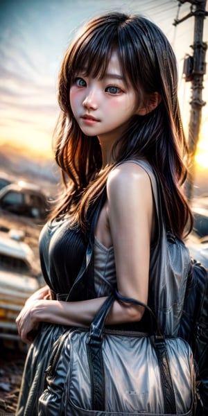 a cute korean girl large-eyed girl, bangs, long wavy hair, slight smile, kneel down, 
eerie illumination, desolate wasteland, orange dusk, abandoned vehicles, wearing a rugged military outfit, ample bust, dust storms in the background, broken highway, carrying a backpack full of survival gear, 
octane rendering, ray tracing, 3d rendering, masterpiece, best Quality, Tyndall effect, good composition, highly details, warm soft light, three-dimensional lighting, volume lighting, Film light,