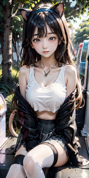 a cute korean large-eyed girl, bangs, score_9, score_8_up, arcade, one-shoulder, pendant, crop_top, micro-skirt, thighhighs, jersey-jacket, cat-ears_hairband, crossed leg, looking at viewer, closeup, 
masterpiece, best Quality, Tyndall effect, good composition, highly details, warm soft light, three-dimensional lighting, volume lighting, Film light,