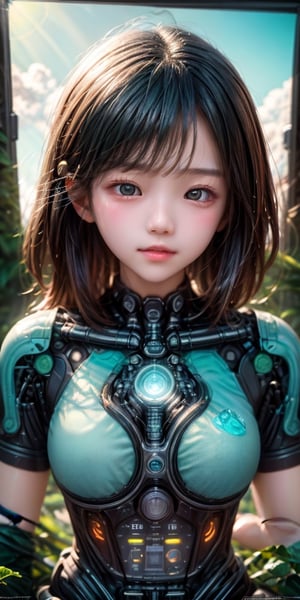 a cute korean large-eyed girl, 
Abstract digital mindscape, semi-realistic yet slightly surreal style, central abstract human figure comprised of circuitry with internal clouds, brain shapes, robotic hands, digital waves, glowing screens intermingling with organic elements such as plants, clouds, sunrays, color palette blending technological blues and teals with warm organic greens and yellows, 
octane rendering, ray tracing, 3d rendering, masterpiece, best Quality, Tyndall effect, good composition, highly details, warm soft light, three-dimensional lighting, volume lighting, Film light,