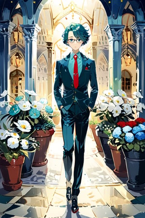 High detail, high quality, masterpiece, beautiful, dark, blue green eyes, round glasses, (dark blue hair, short hair, elegant hairstyle, gathered hair), (turquoise shirt, buttons, inside, tie, necktie), (garnet suit, buttoned suit, pocket, handkerchief), dress pants, pointed shoes, 1 young boy, teen, teenage, solo, alone, walking, insecure gaze, fearful, european palace background, flowers, flower pots